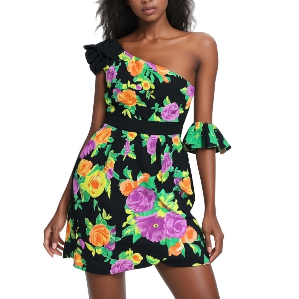 Phoebe Couture Floral One-Shoulder Dress Black Multicolor Size 2 Y2K Retro